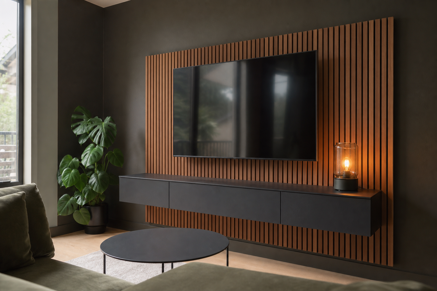 Painel ripado de madeira com rack suspenso na sala