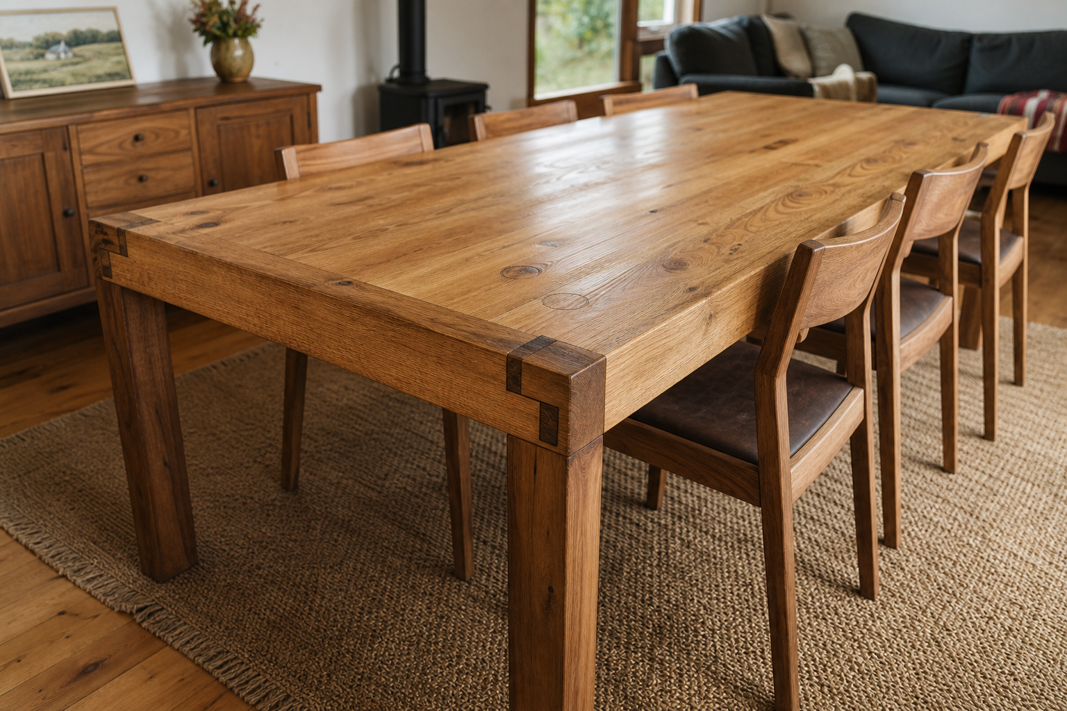 Mesa de jantar em madeira maciça montada na sala